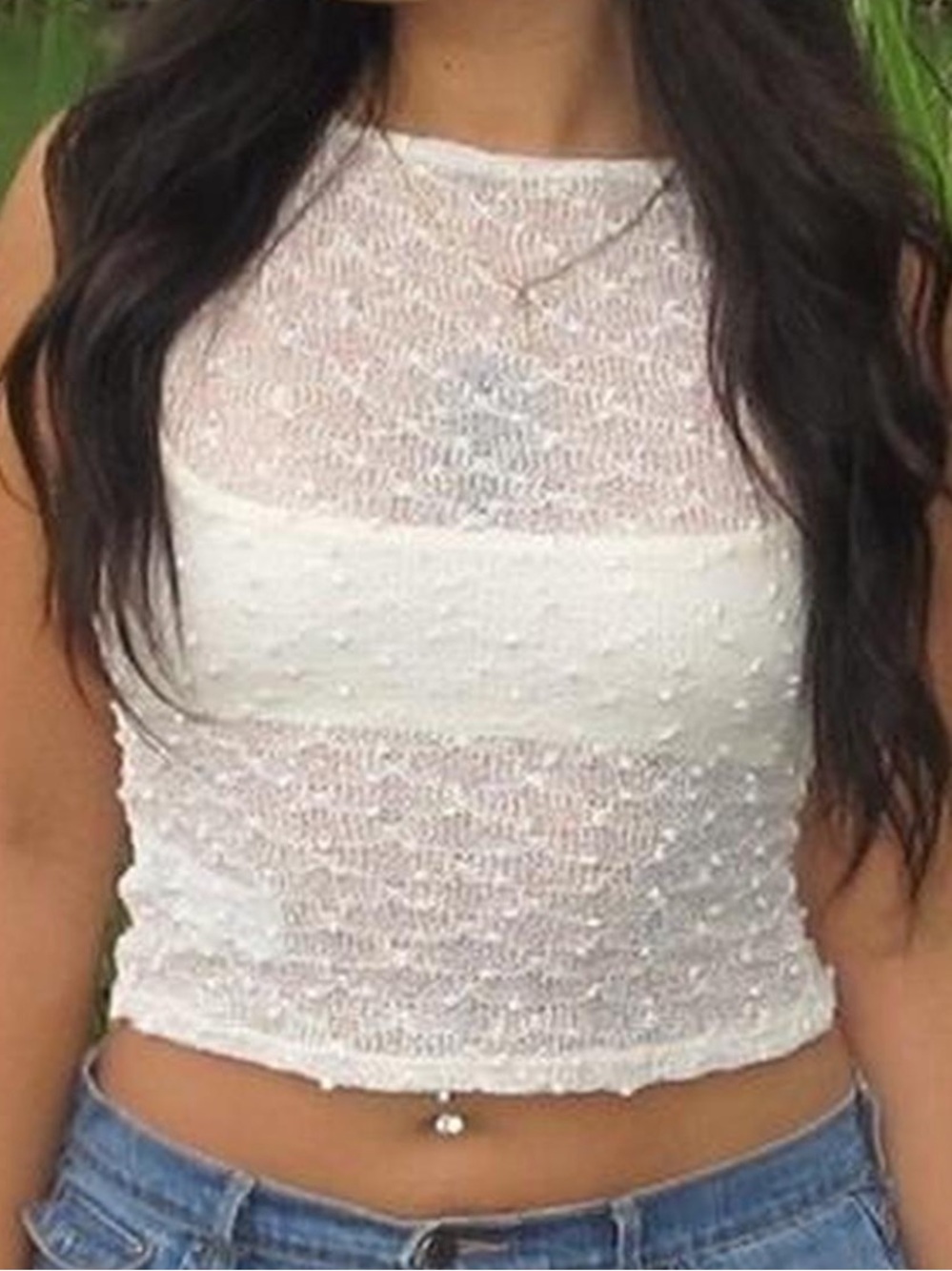 White Textured Sheer Sleeveless Crop Top